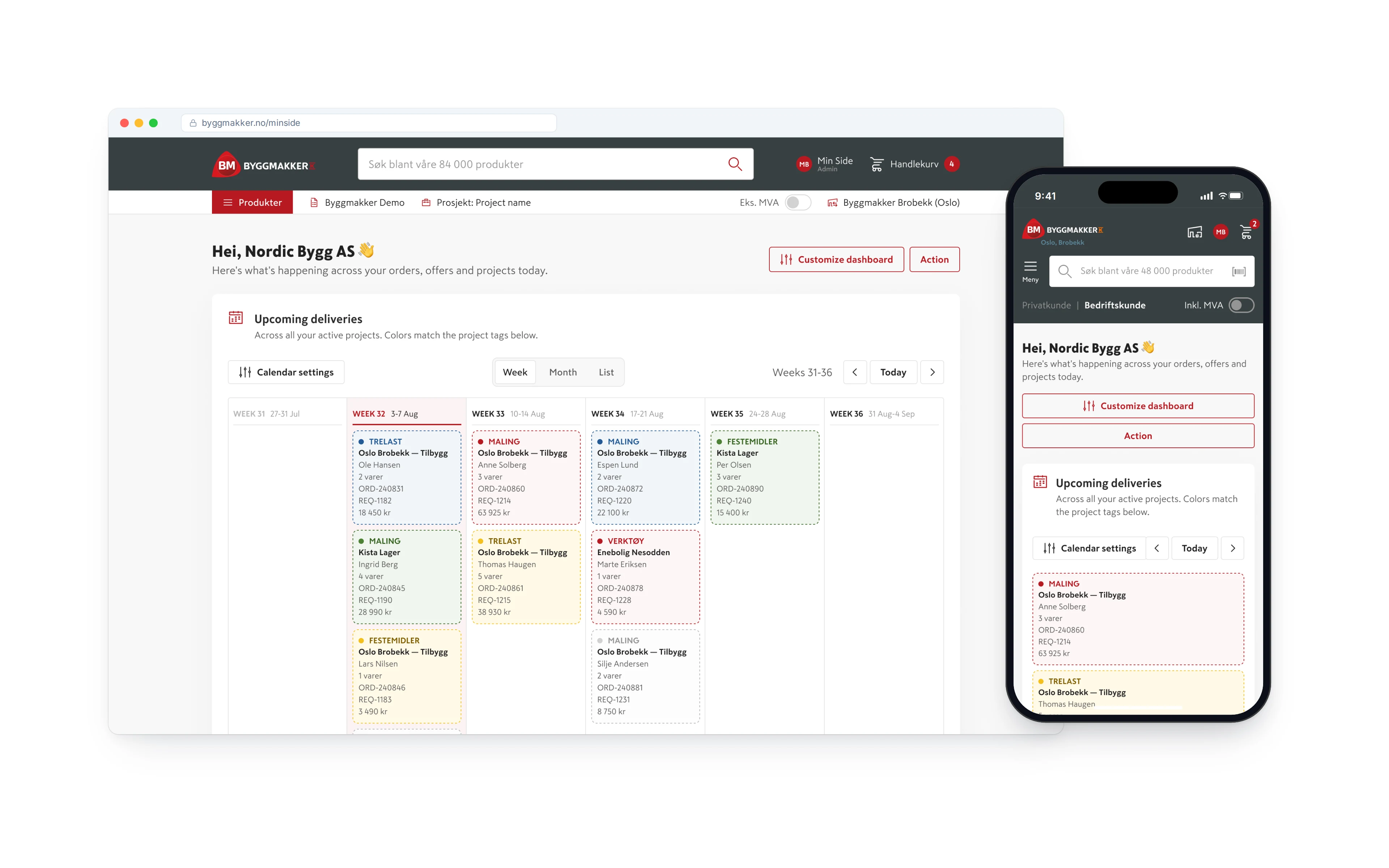 Byggmakker MyPages B2B dashboard on desktop and mobile showing upcoming deliveries calendar for Nordic Bygg AS