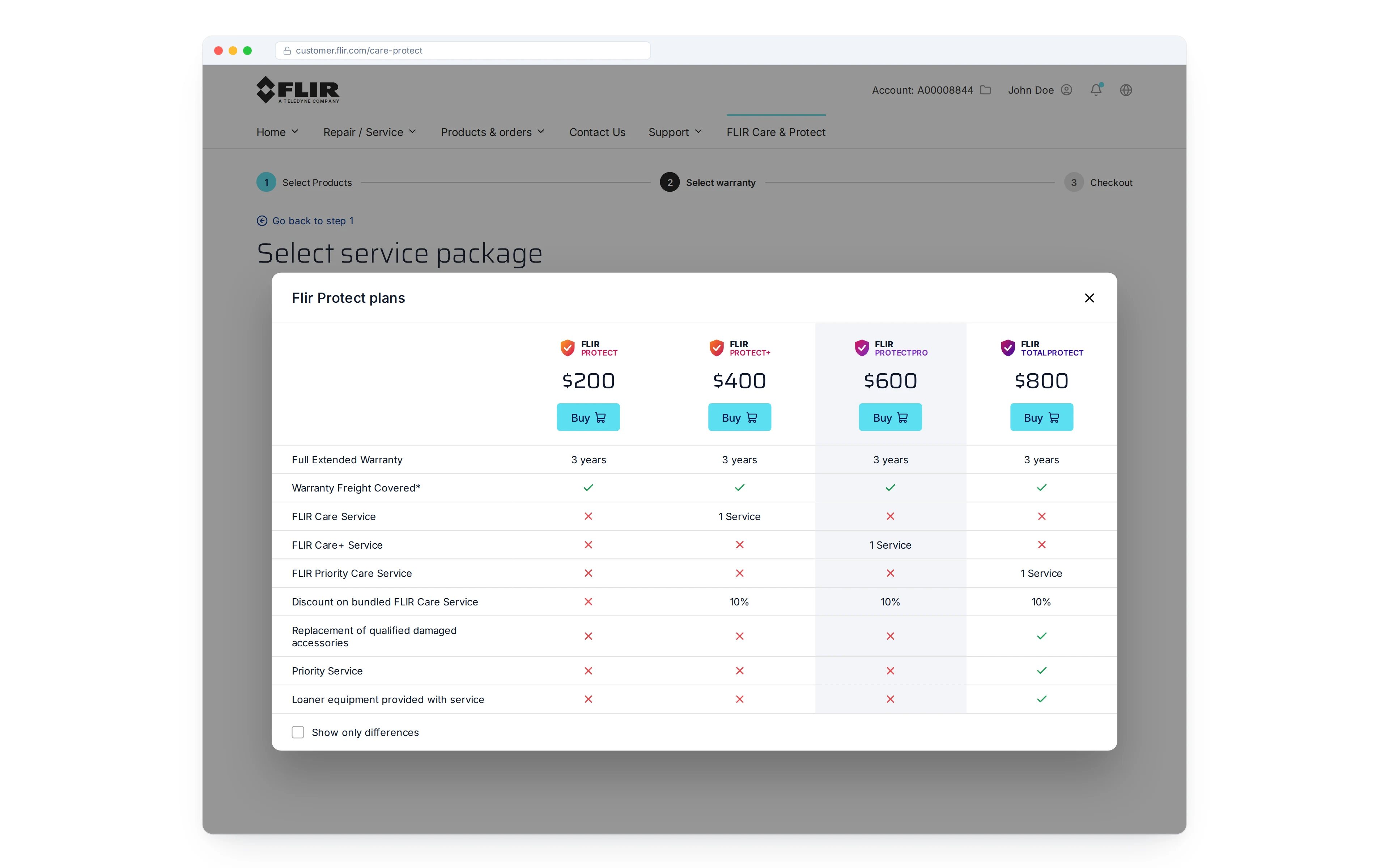 FLIR Care and Protect plan comparison modal with Protect, Protect+, Protect Pro, and TotalProtect packages