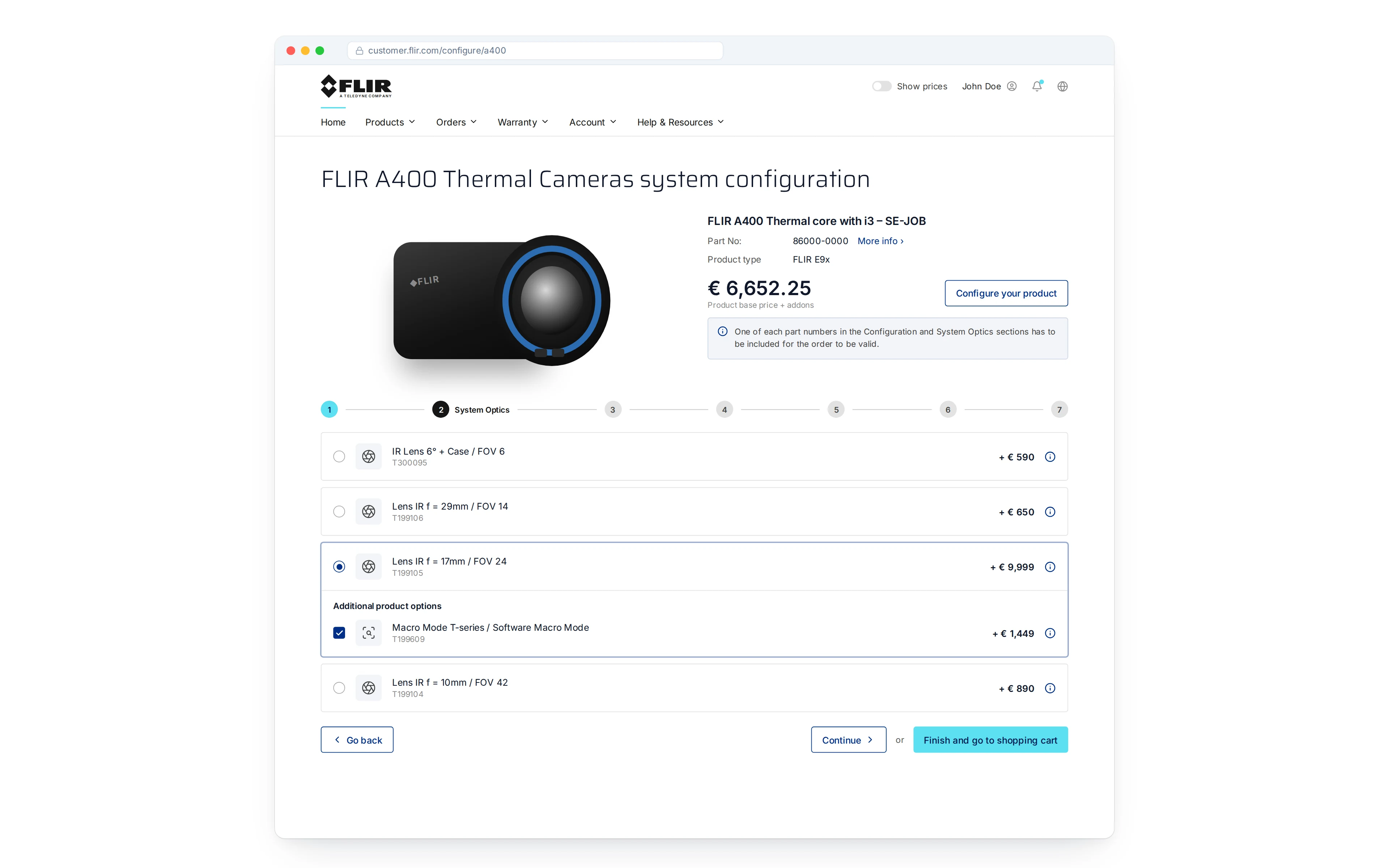 FLIR A400 thermal camera system configurator on System Optics step with lens options and live price total