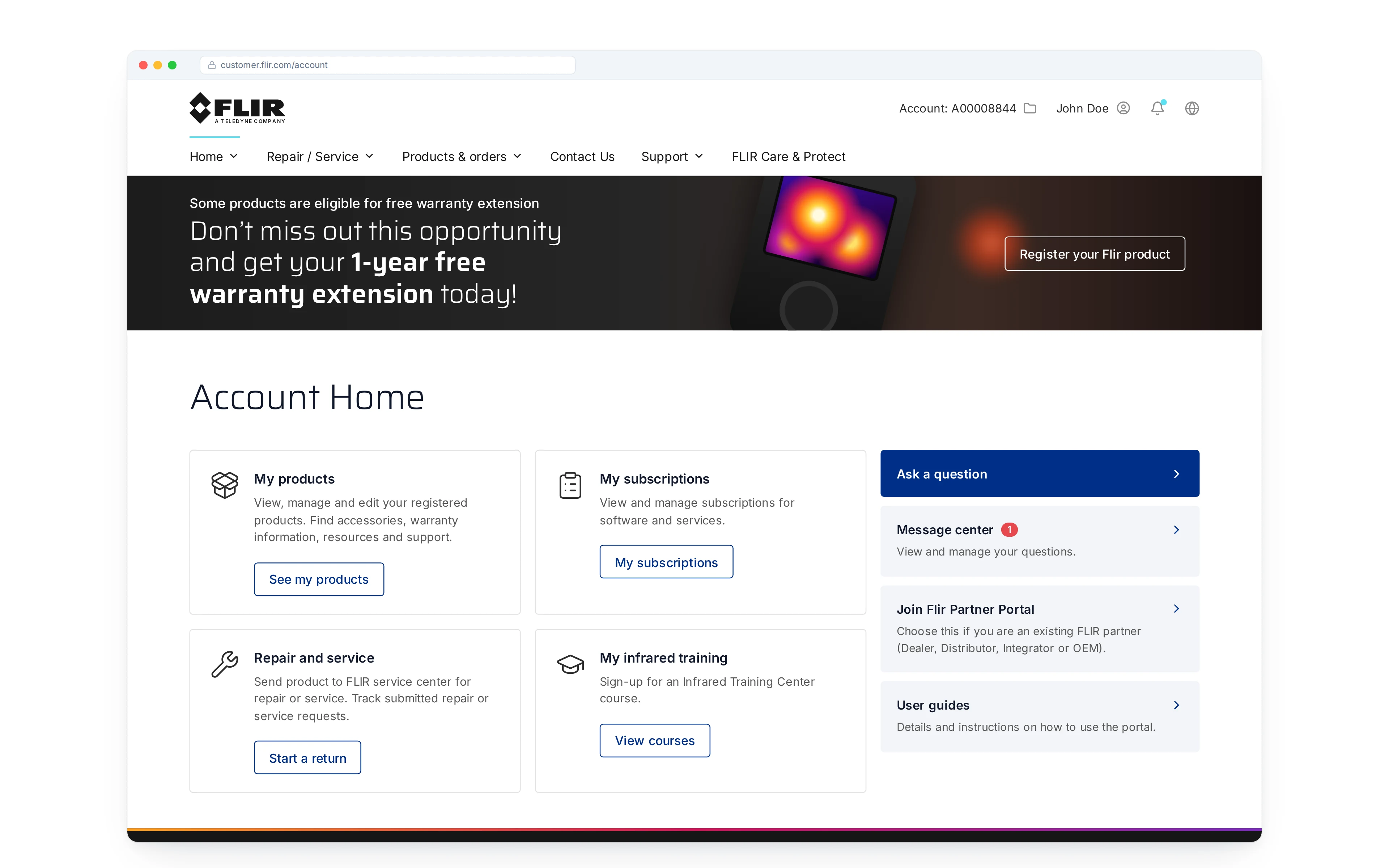 FLIR customer portal Account Home with warranty extension banner, My products, subscriptions, repair and service cards, and quick links