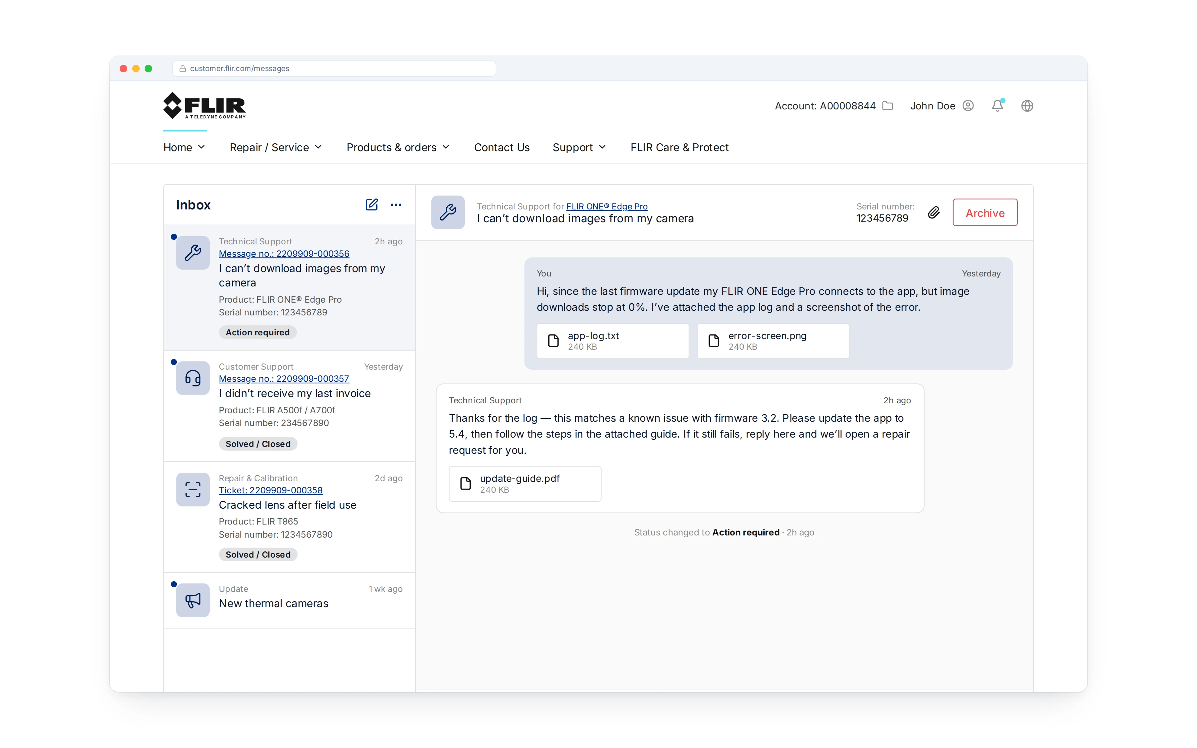 FLIR Message Center inbox and conversation thread for a technical support case with attachments