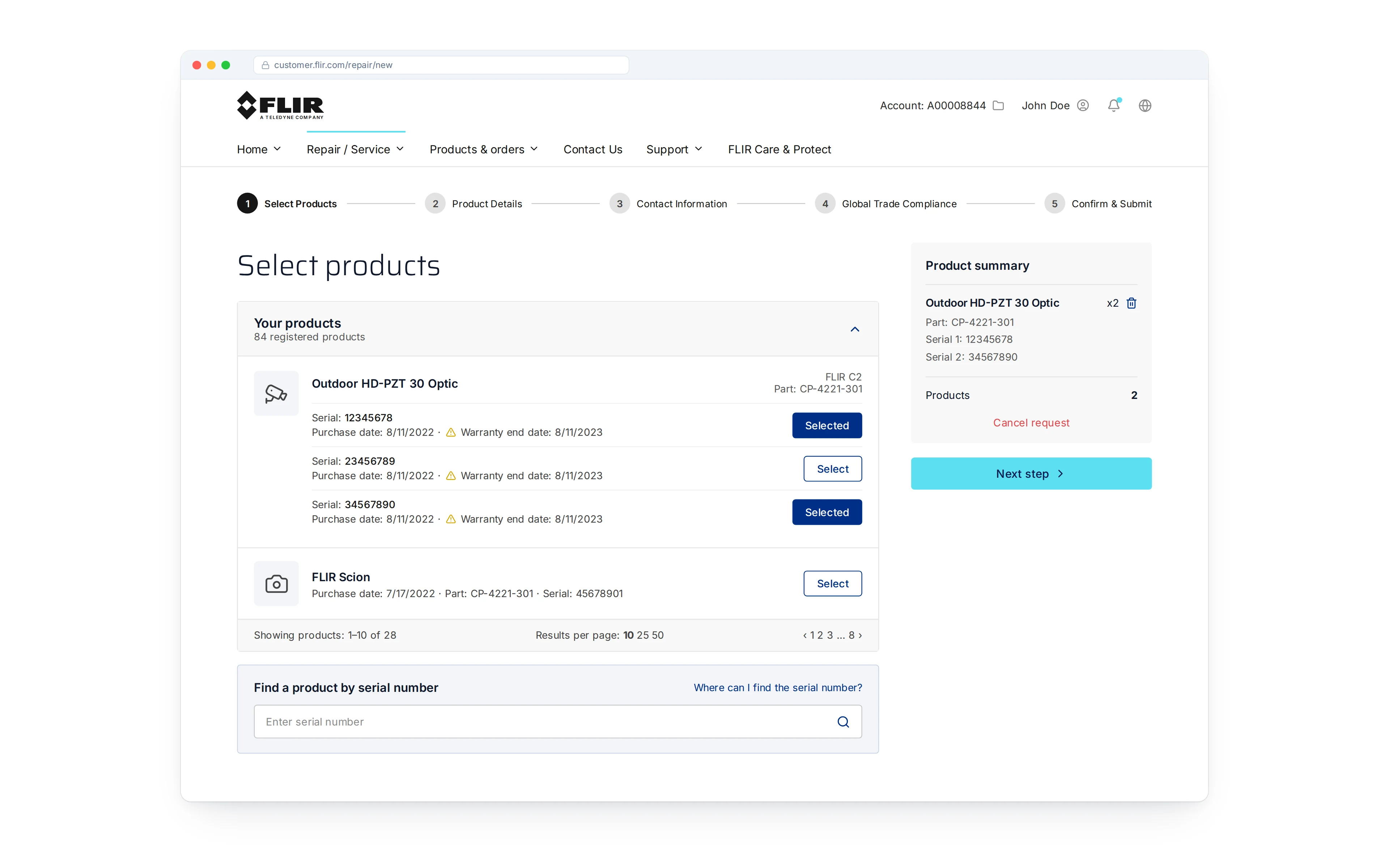 FLIR customer portal repair flow: Select products step with registered product list and request summary