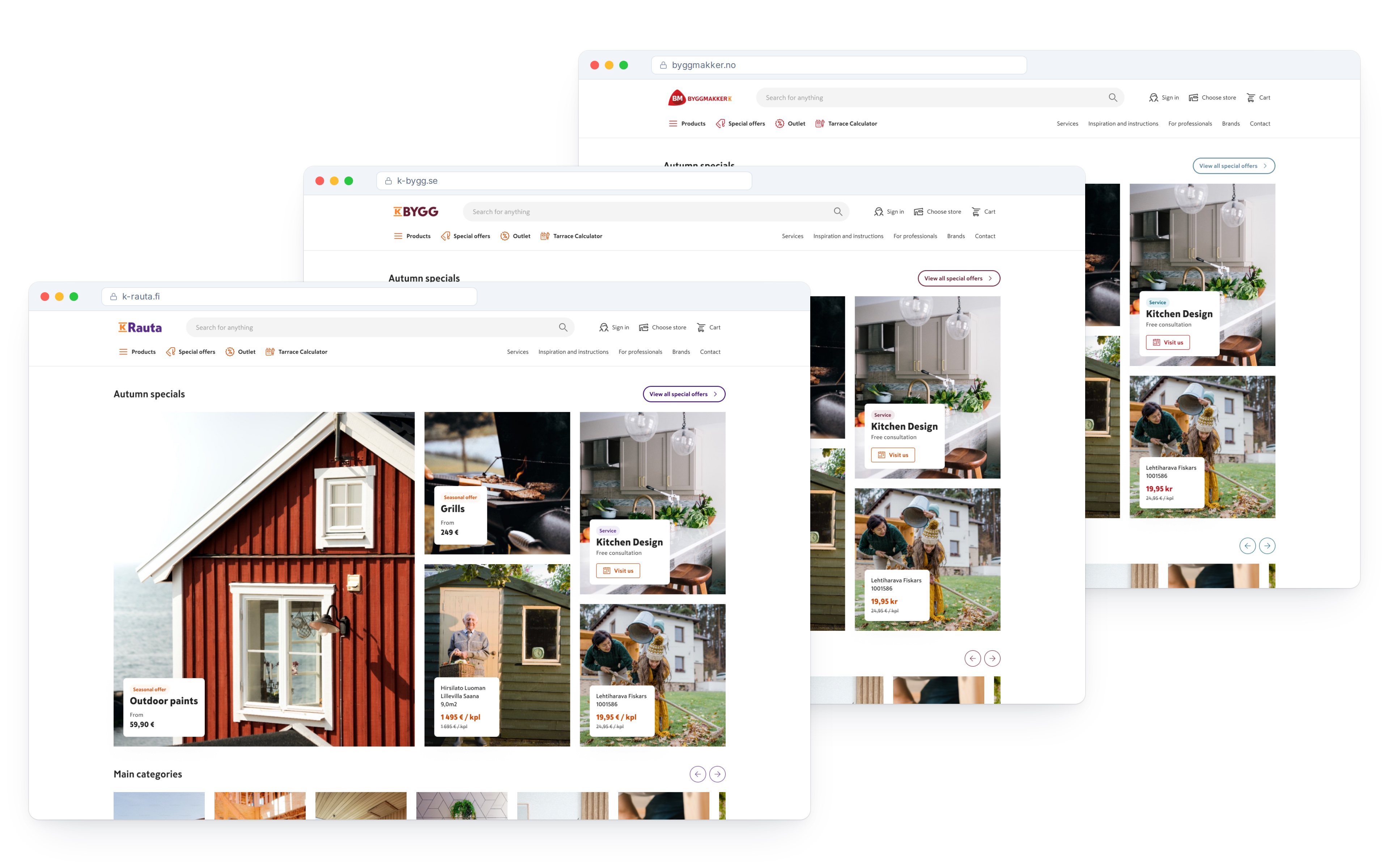 Overlapping K-Rauta, K-Bygg, and Byggmakker storefronts sharing one multi-brand commerce layout