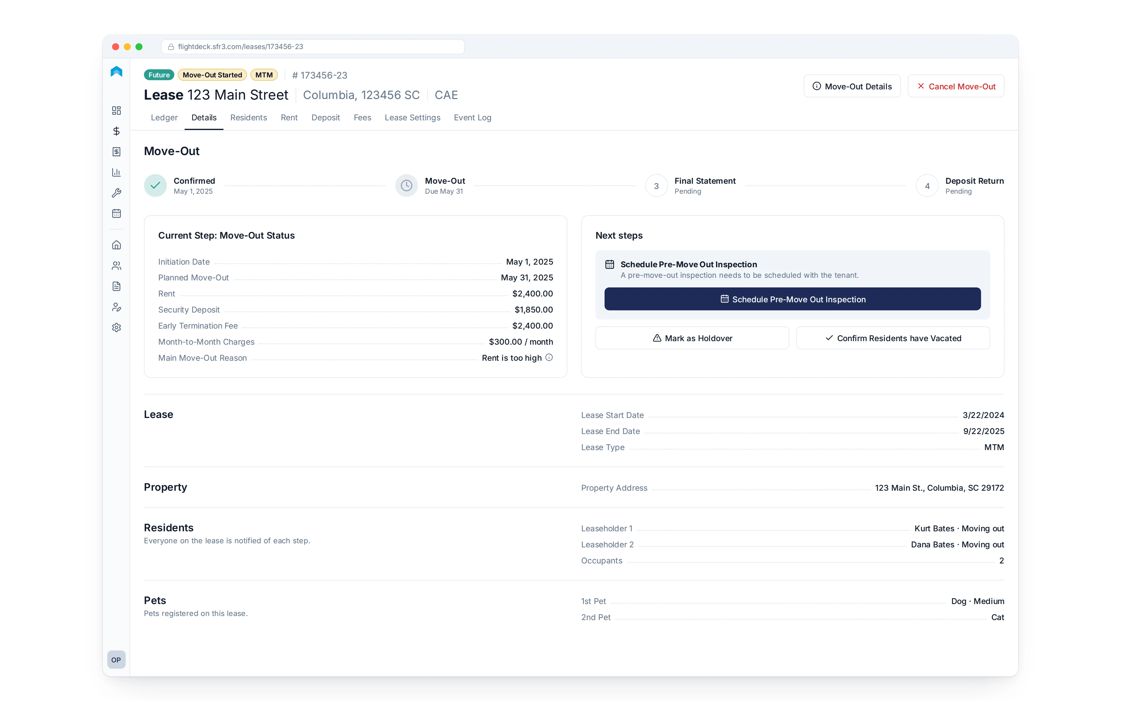 FlightDeck lease move-out dashboard with process stepper, status details, and next-step actions