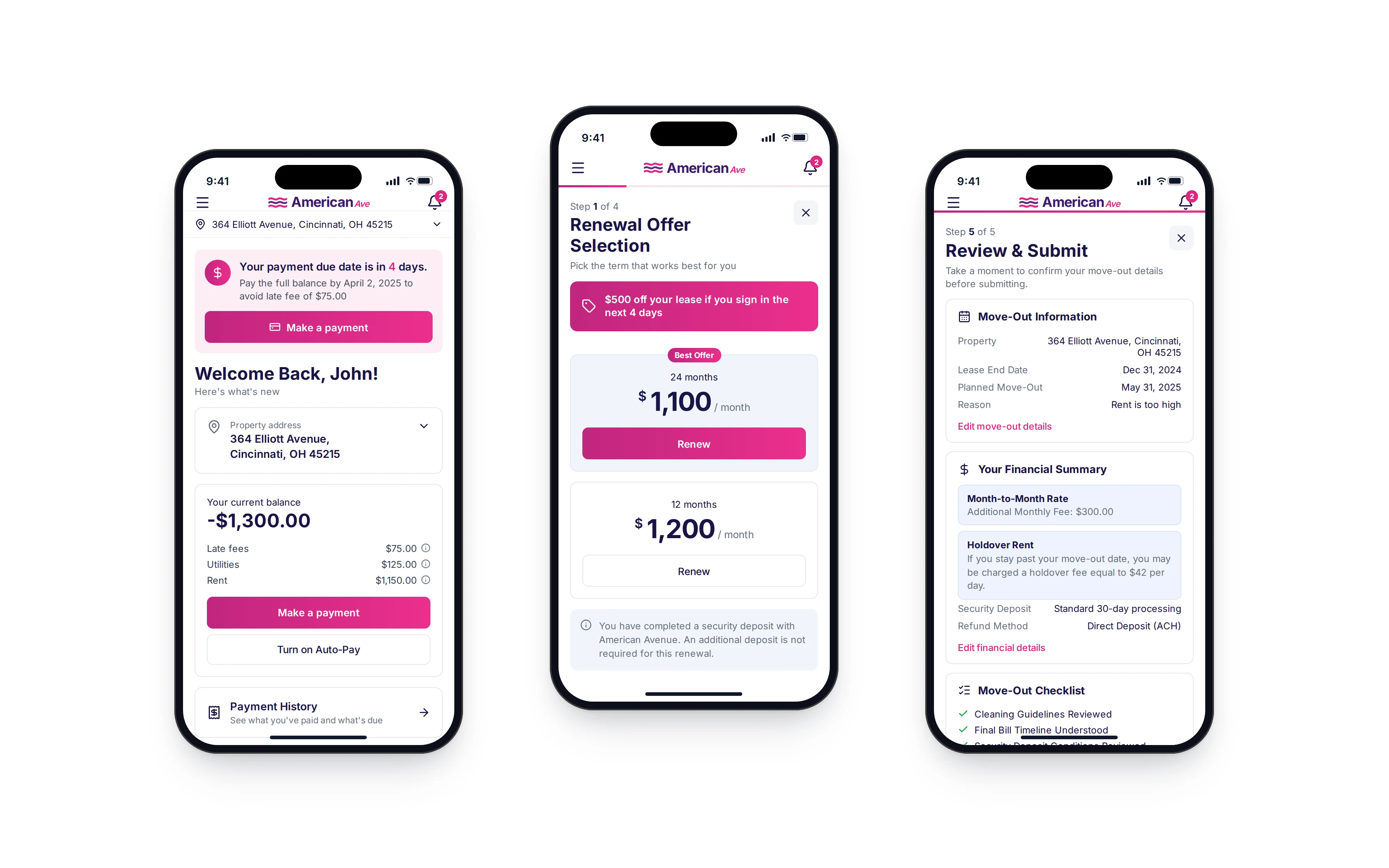 American Ave tenant app: payment due alert, balance breakdown, and lease renewal and move-out flows
