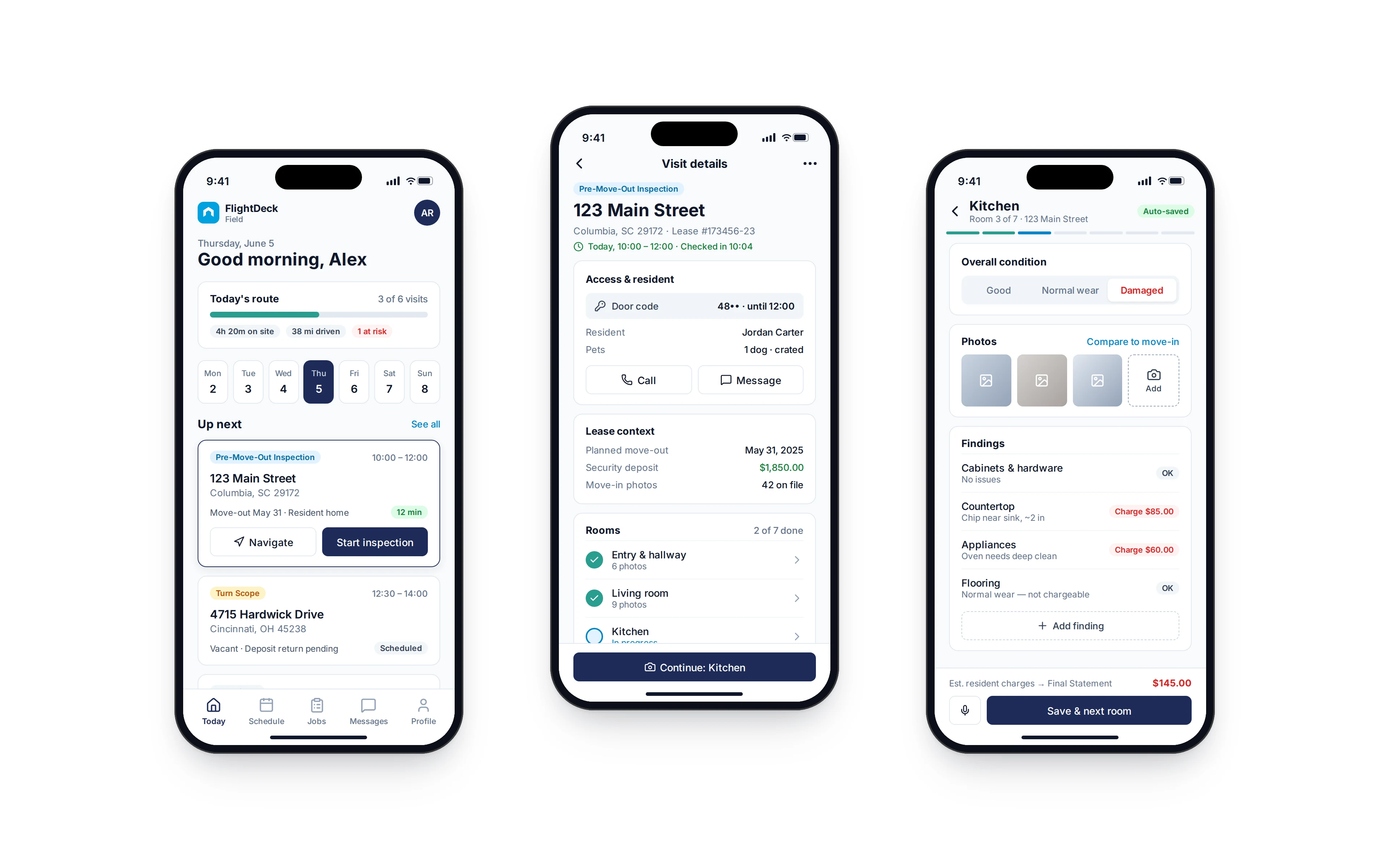 FlightDeck Field mobile app: today’s route, visit details, and kitchen room inspection with chargeable findings