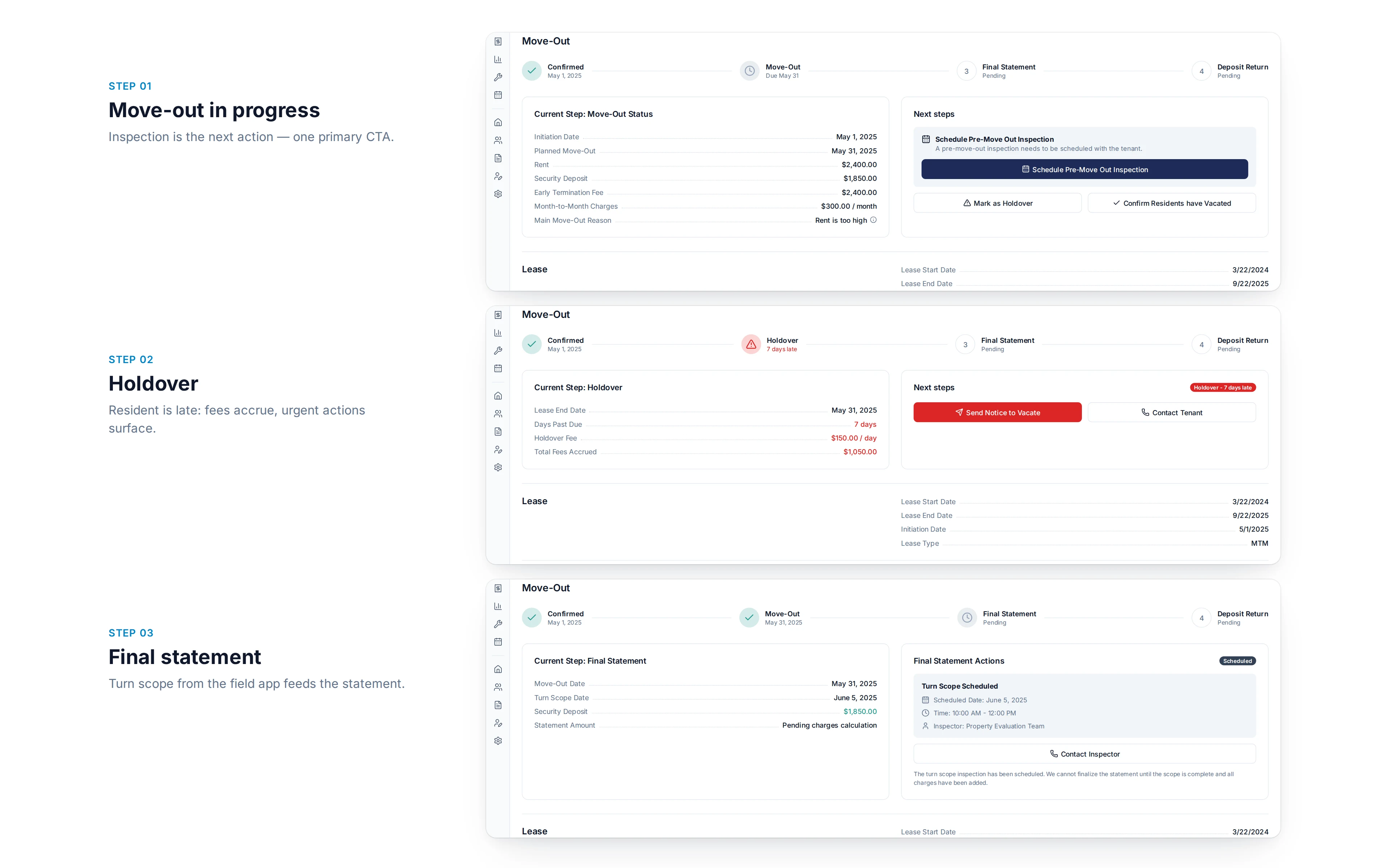 Polished Figma designs for move-out in progress, holdover, and final statement states
