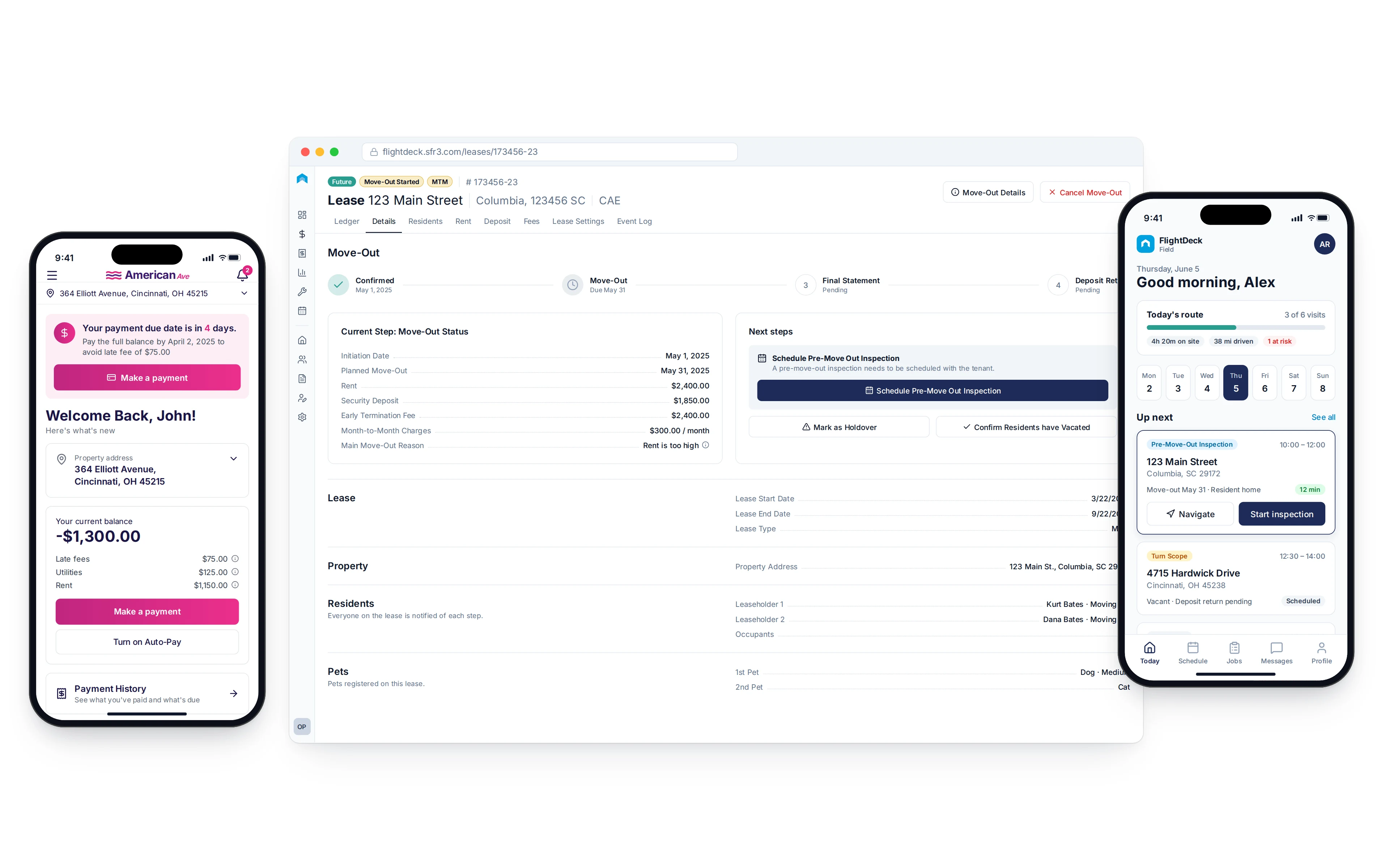 Three SFR3 product surfaces: American Homes tenant app, FlightDeck lease management dashboard, and FlightDeck Field app
